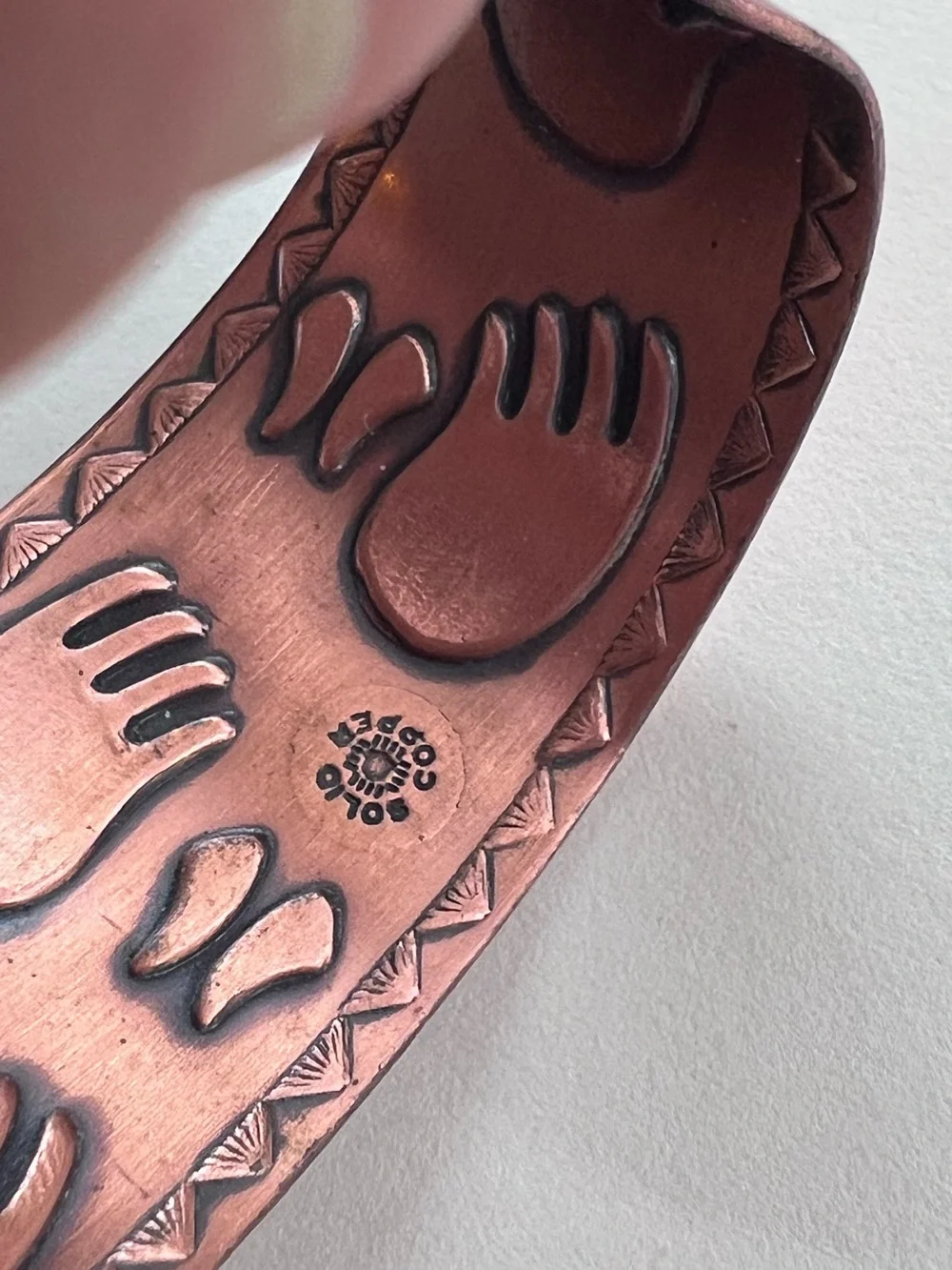 Solid Copper Bracelet Vintsge Bell signed animal paw print deer elk bear rare